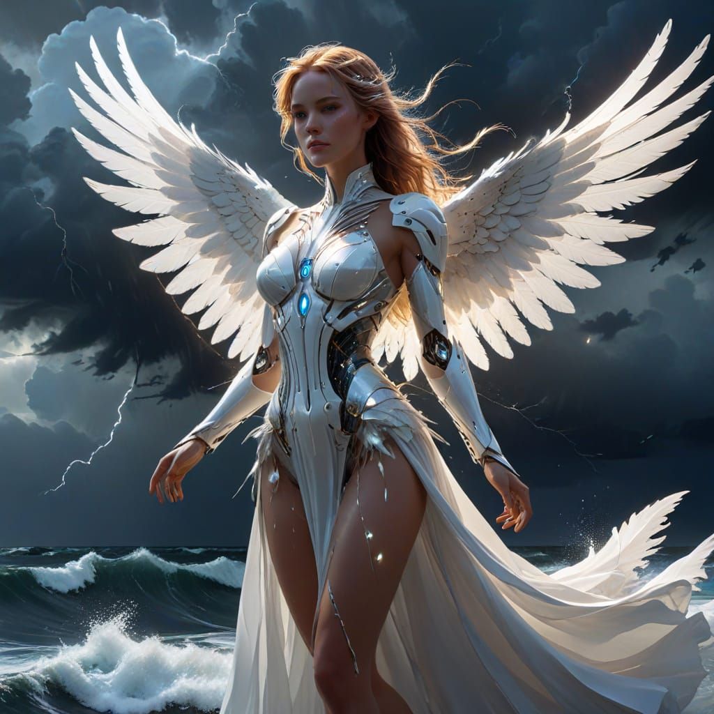 Elegant Robot with Wings Over Stormy Sea