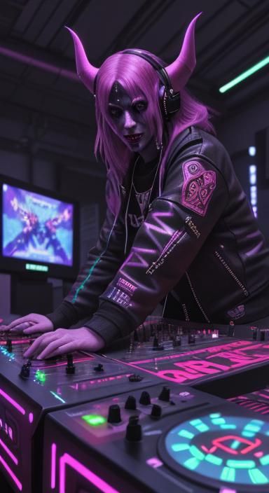 Cyberpunk Demon DJ in Virtual Arcade