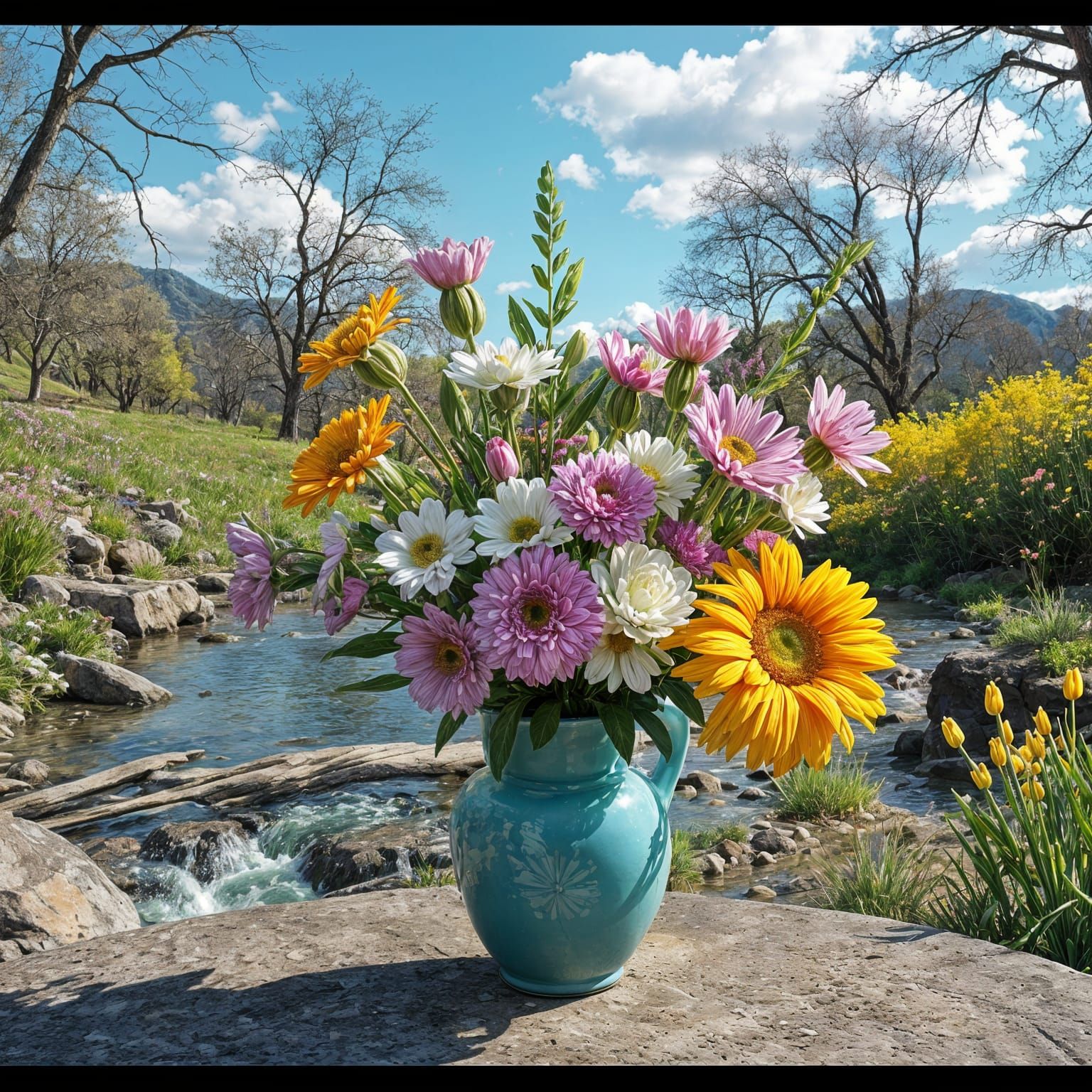 Vibrant 3D Spring Bouquet in a Detailed Landscape