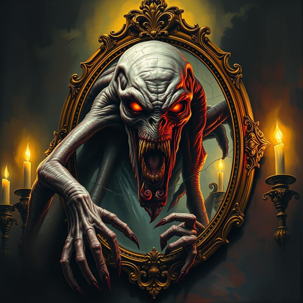 Grotesque Creature Adhered to Distorted Mirror in Dark, Omin...