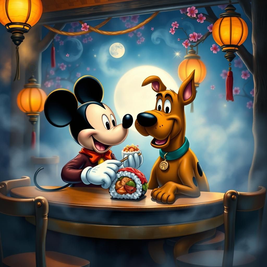 Mickey and Scooby Share Sushi in Dreamscape