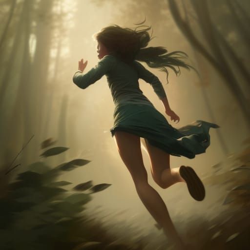 Frightened Girl Runs Through Dark Woods: Digital Art