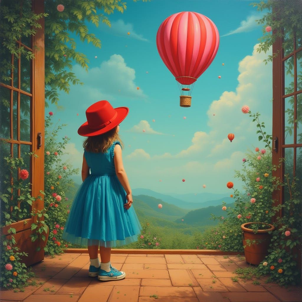 Surreal Floating Room Scene with Child and Balloon