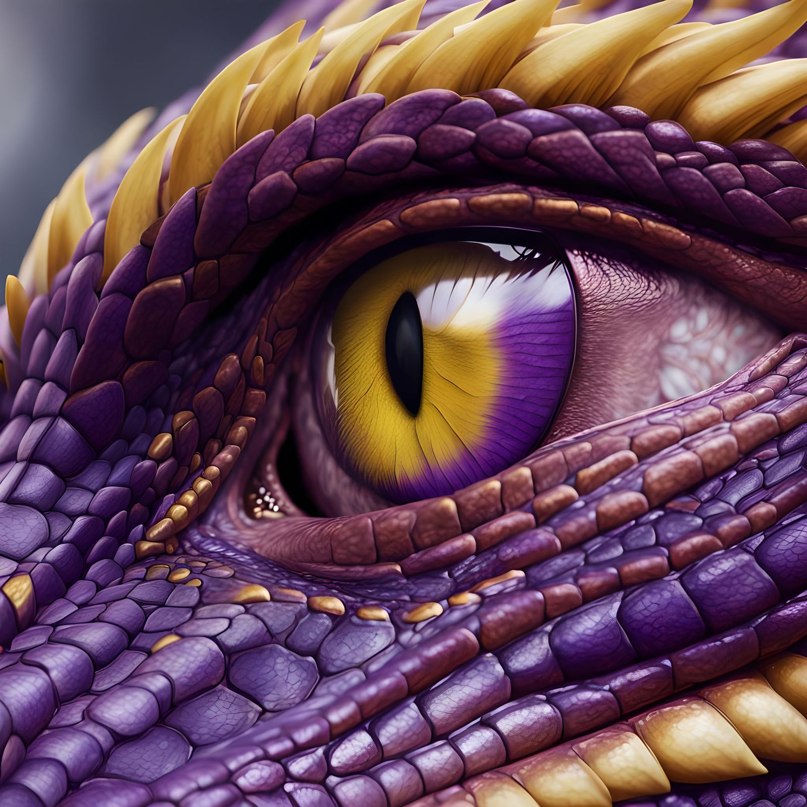 Hyperrealistic Purple Dragon Yellow Eyes Close-Up