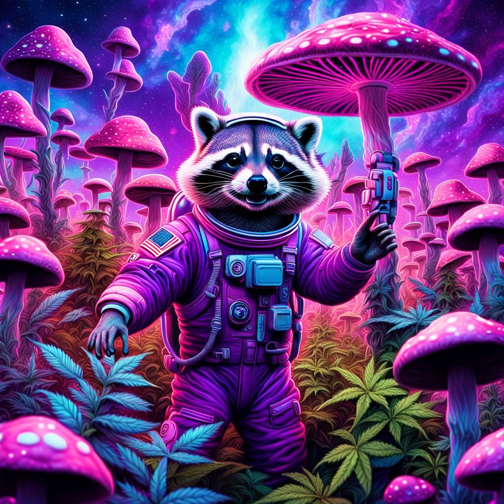 Raccoon Astronaut in Psychedelic Mushroom Field