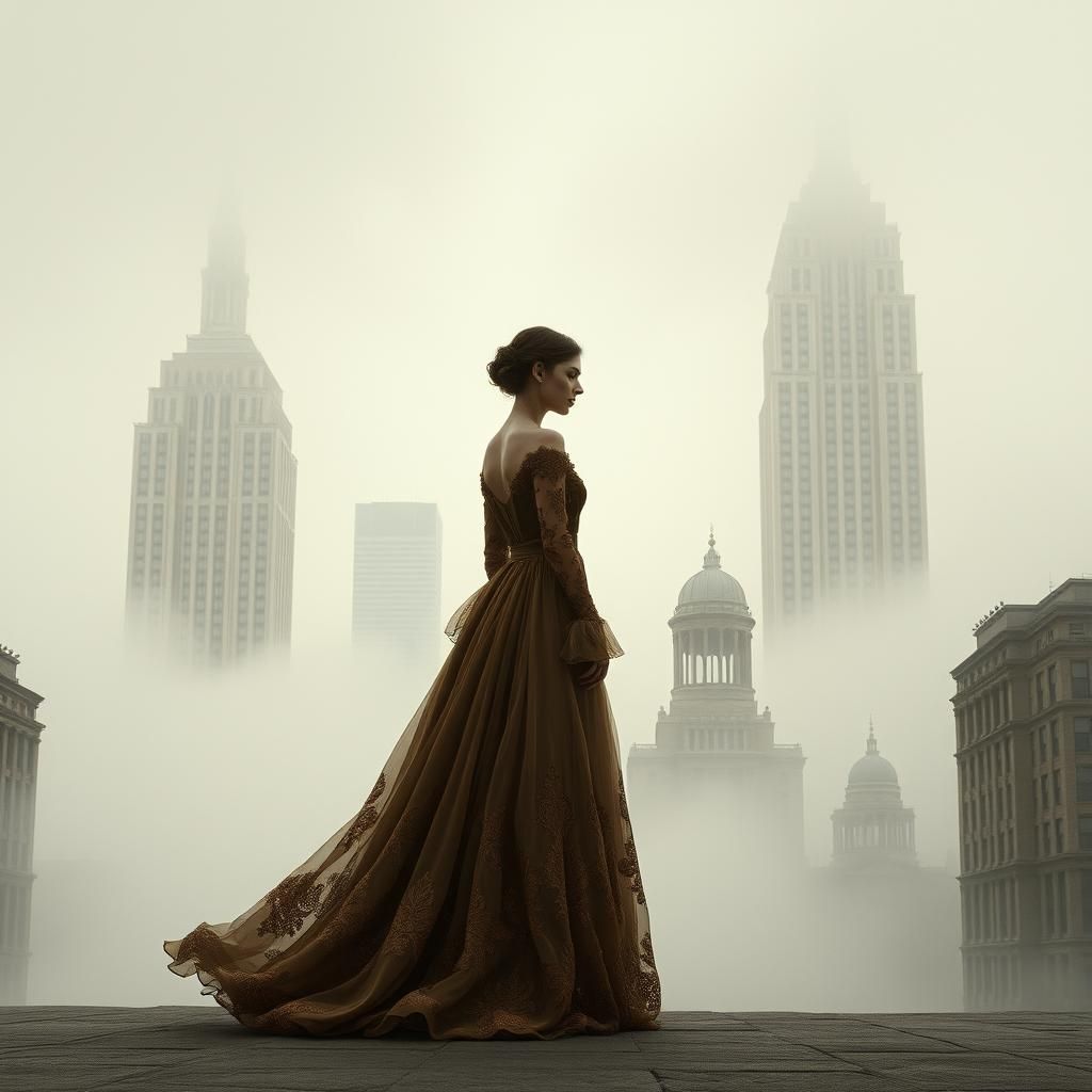 Ethereal Figure in Fog-Laden Cityscape