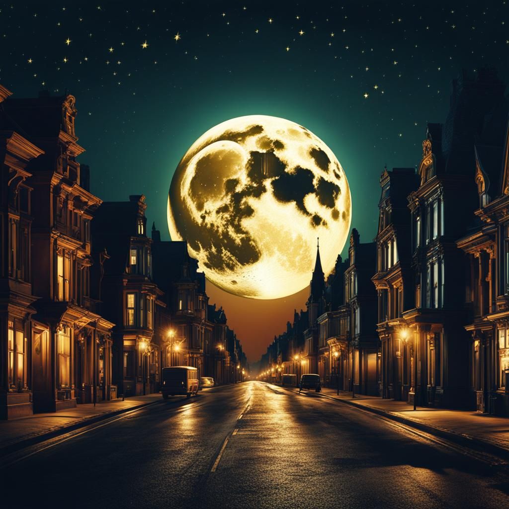Victorian Night Street with Moon and Stars