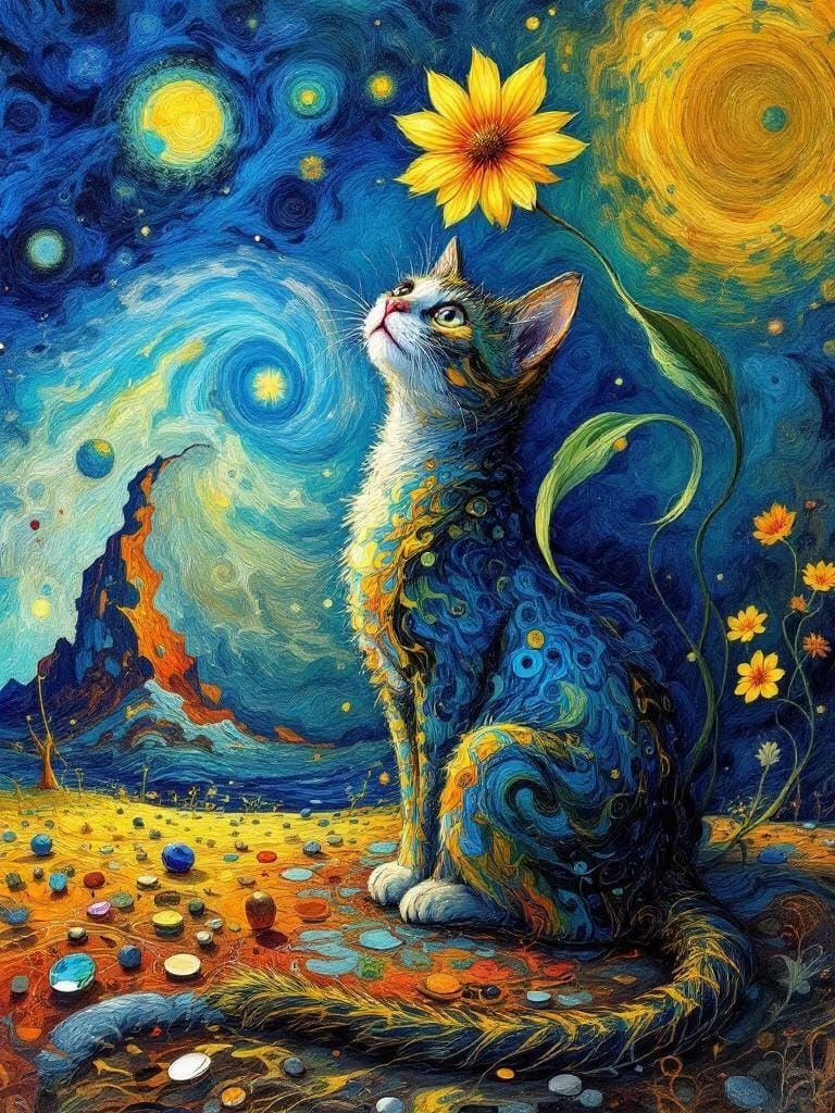 Surreal Cat Under Flower as Dreamlike Painting