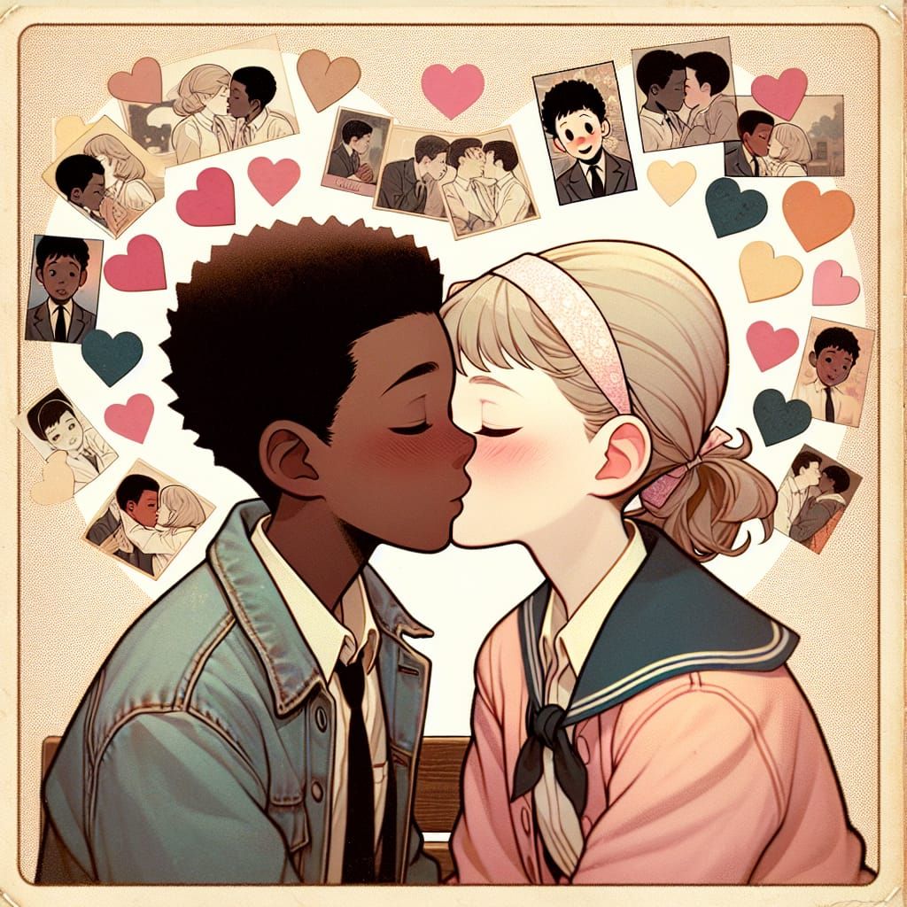 Retro Anime Fusion: Interracial Kiss in 1950s Style