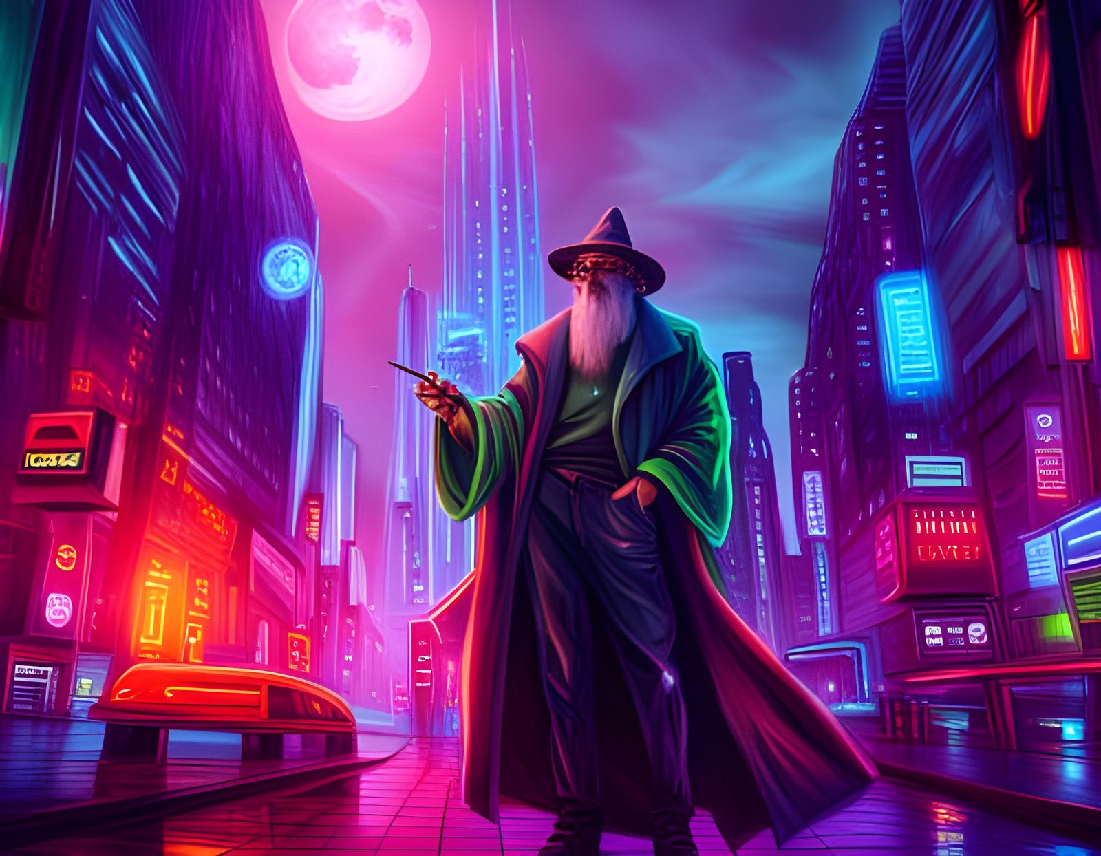 Wizard in Neon City: Hyperrealistic Synthwave Portrait