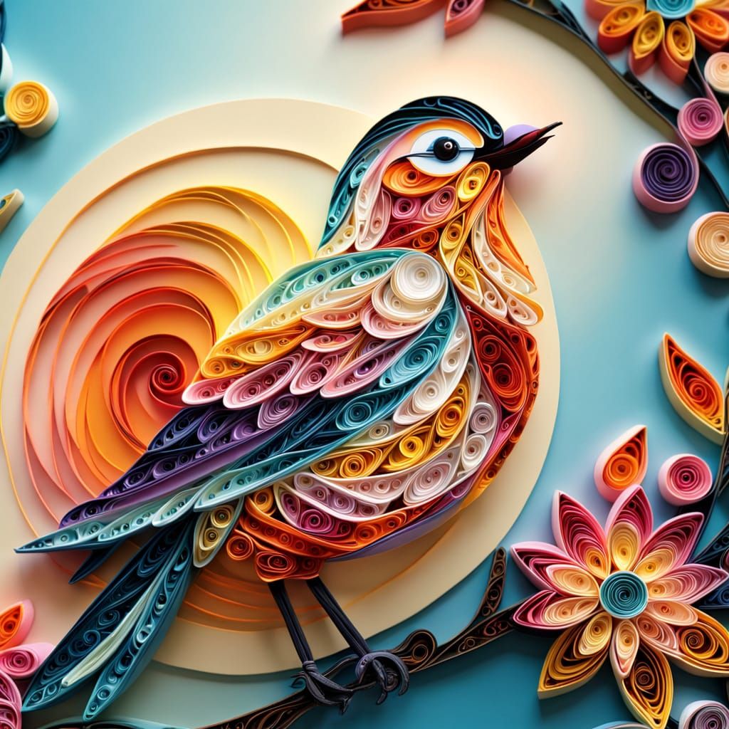 Vibrant Quilling Artwork of a Bird Gazing at a Rising Sun