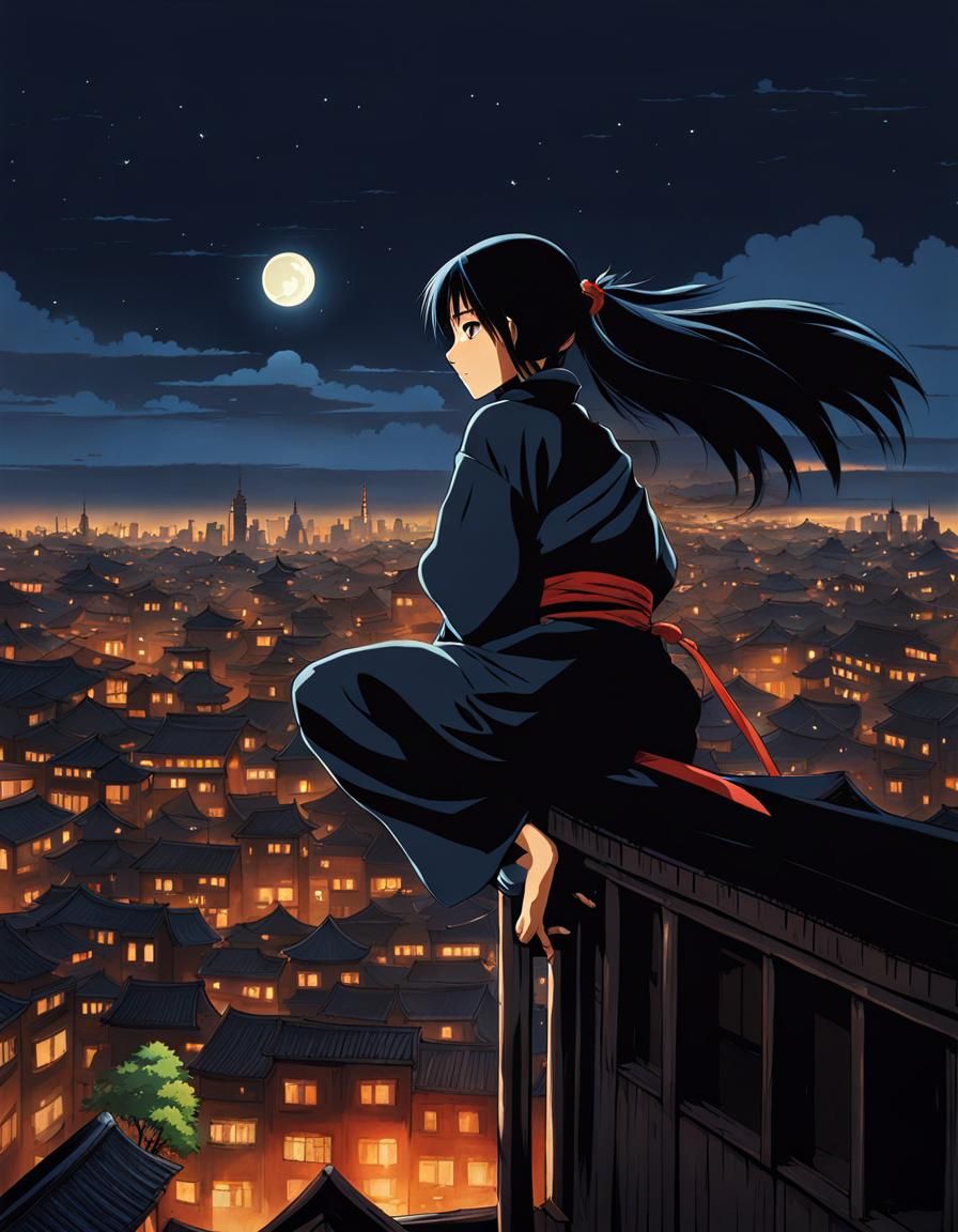 Woman ninja, night rooftop
