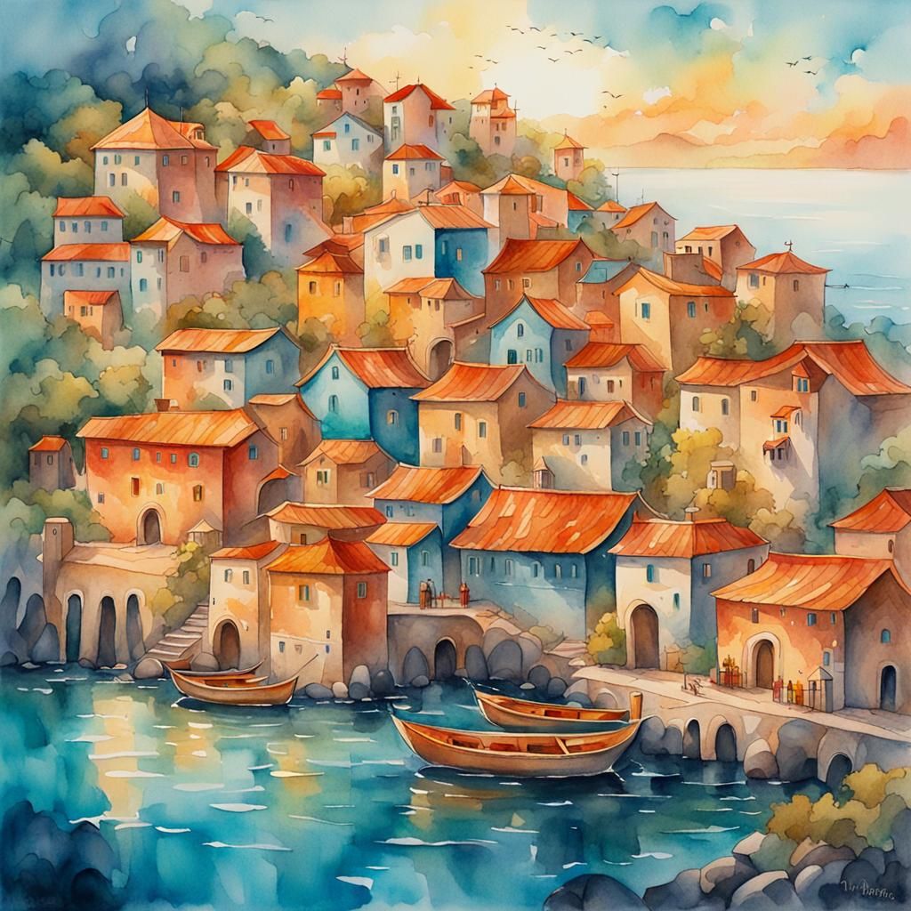 Vibrant Ocean Village in Watercolor Style