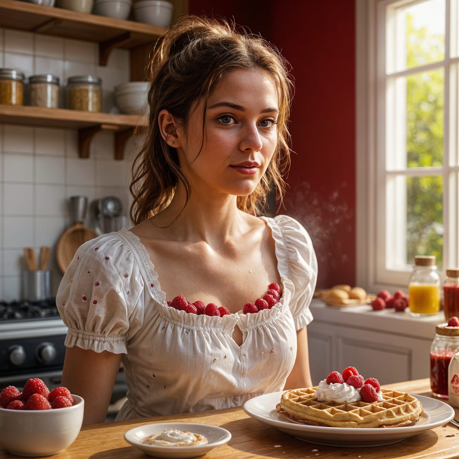 Happy French Tradwife Making Waffles