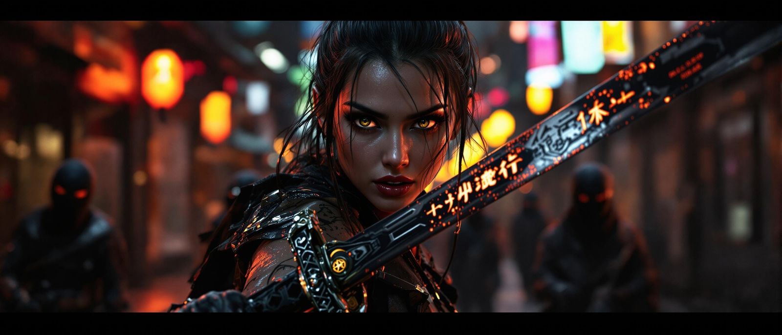 Samurai Woman in Cyberpunk Cityscape 3D Rendering