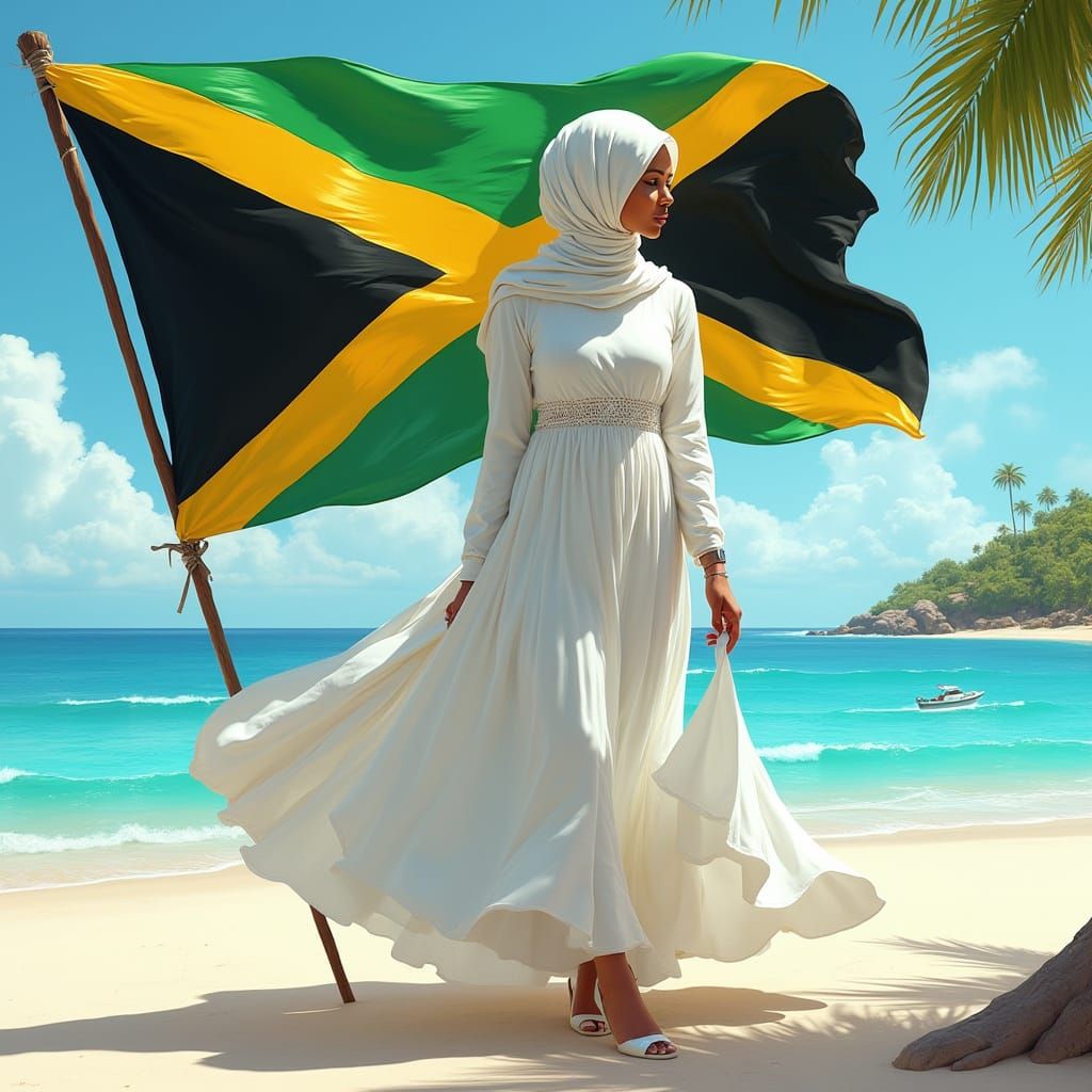 Woman with Jamaican Flag in Digital Painting Style