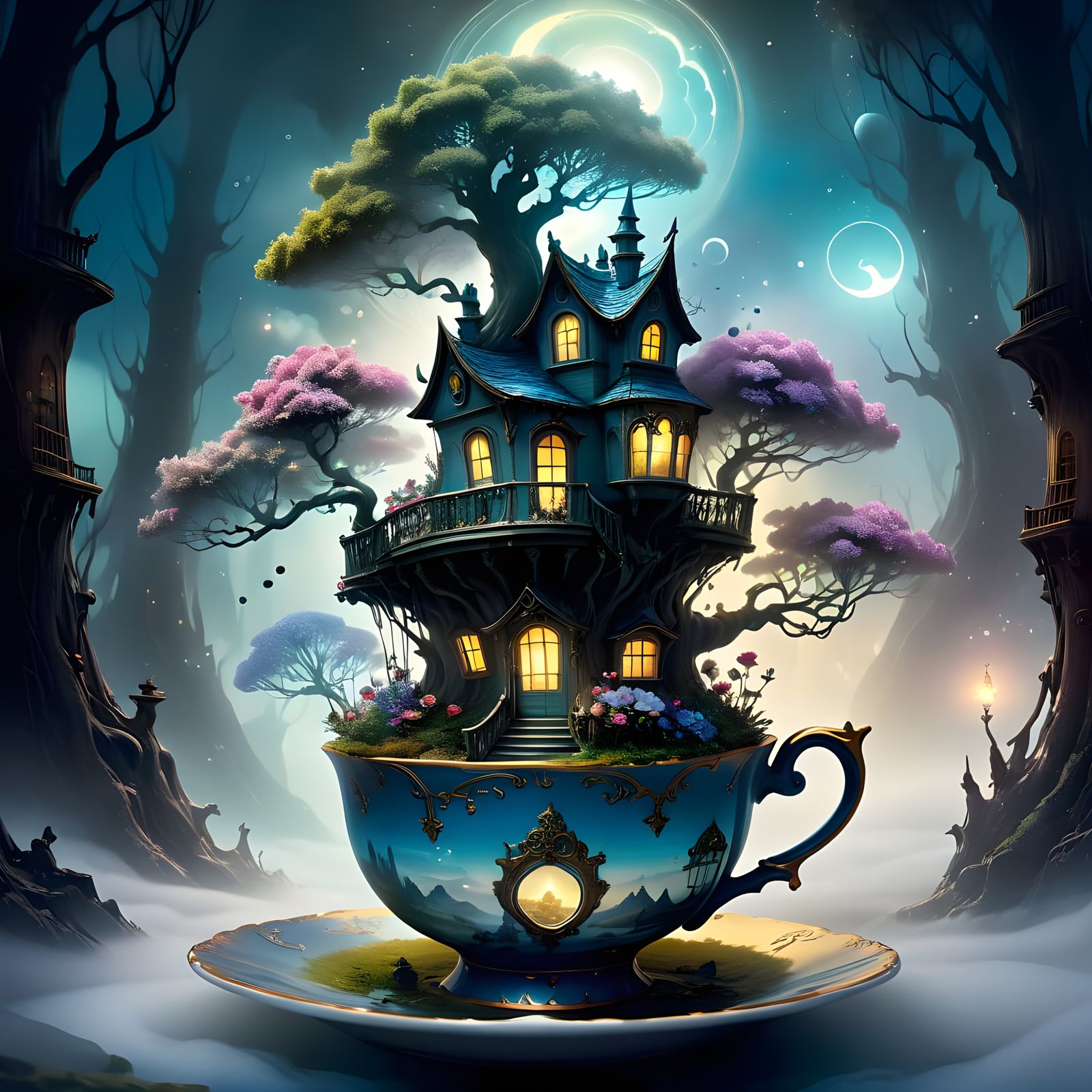 Whimsical Miniature Treehouse in Celestial Tea Cup