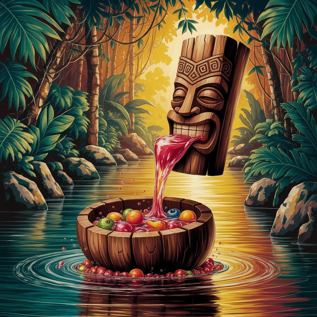 Whimsical Tiki Totem Drinks Punch in Jungle River Impasto Pa...
