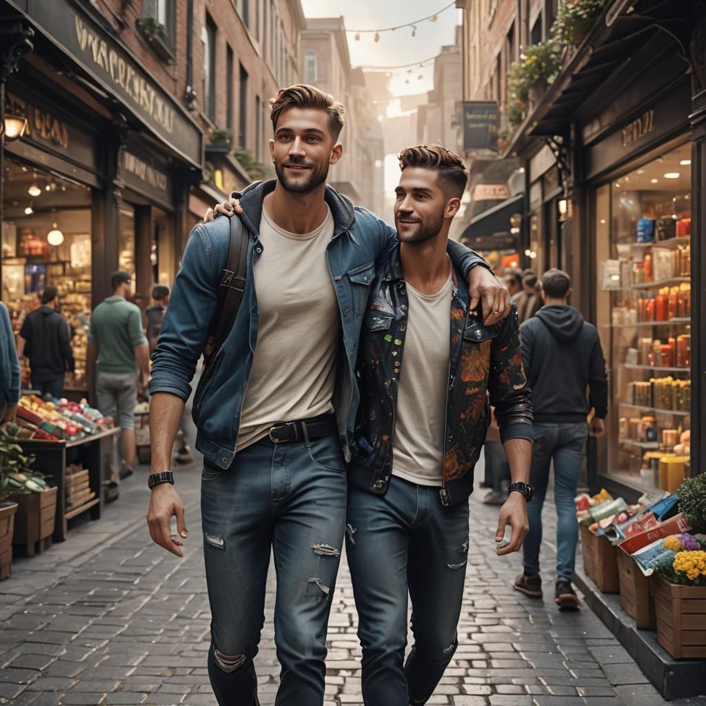 young gay men walking between shops