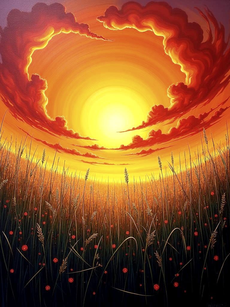 Sunset Over Grass Field: A Surreal Oil Painting