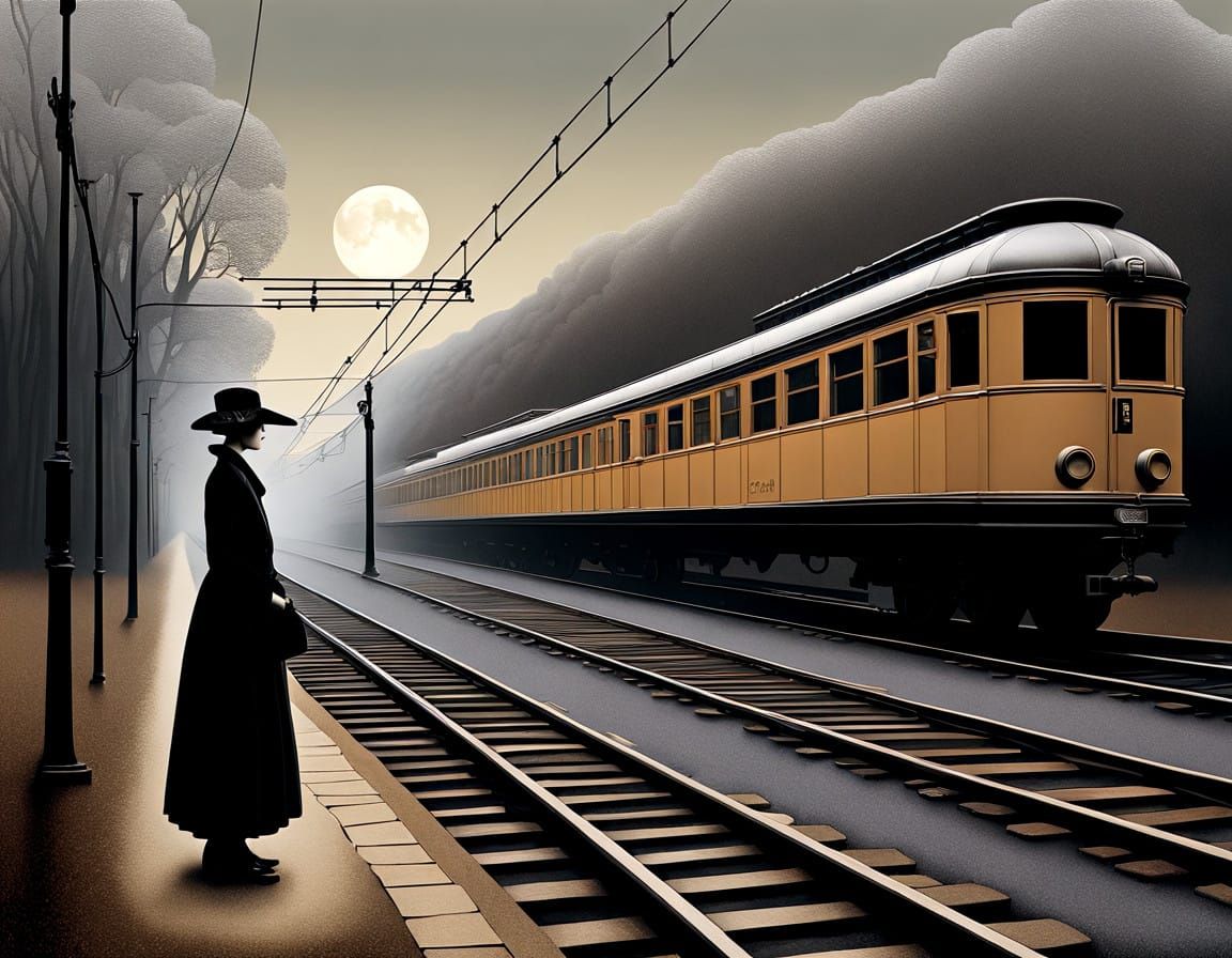 A Desperate Woman Waits for a Train in a Forgotten Landscape