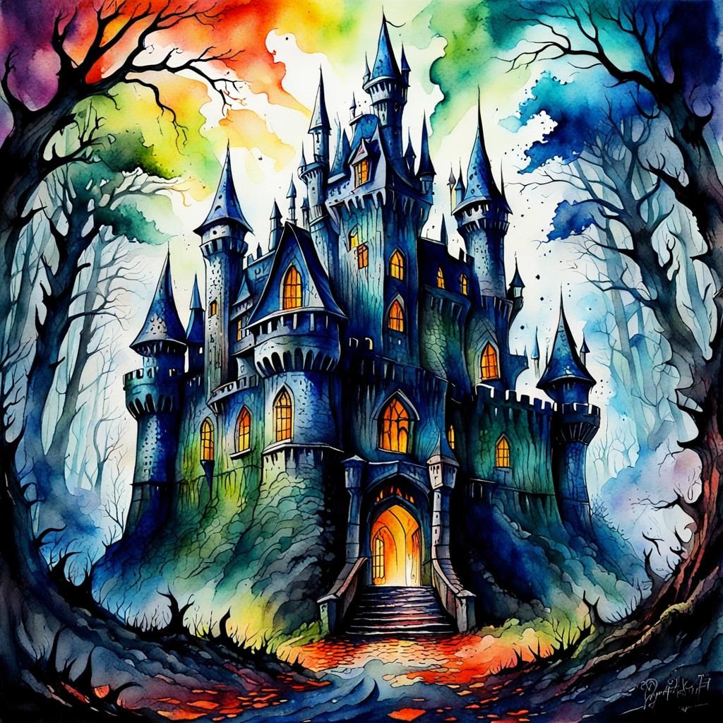 Scary Horror Castle in Haunted Forest Watercolour