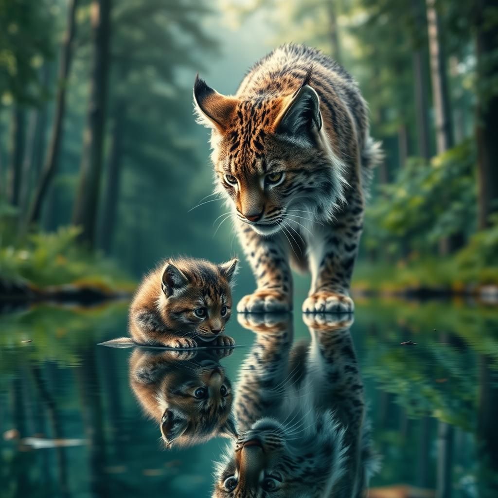 Mystical Bobcat Reflection in Forest Lake