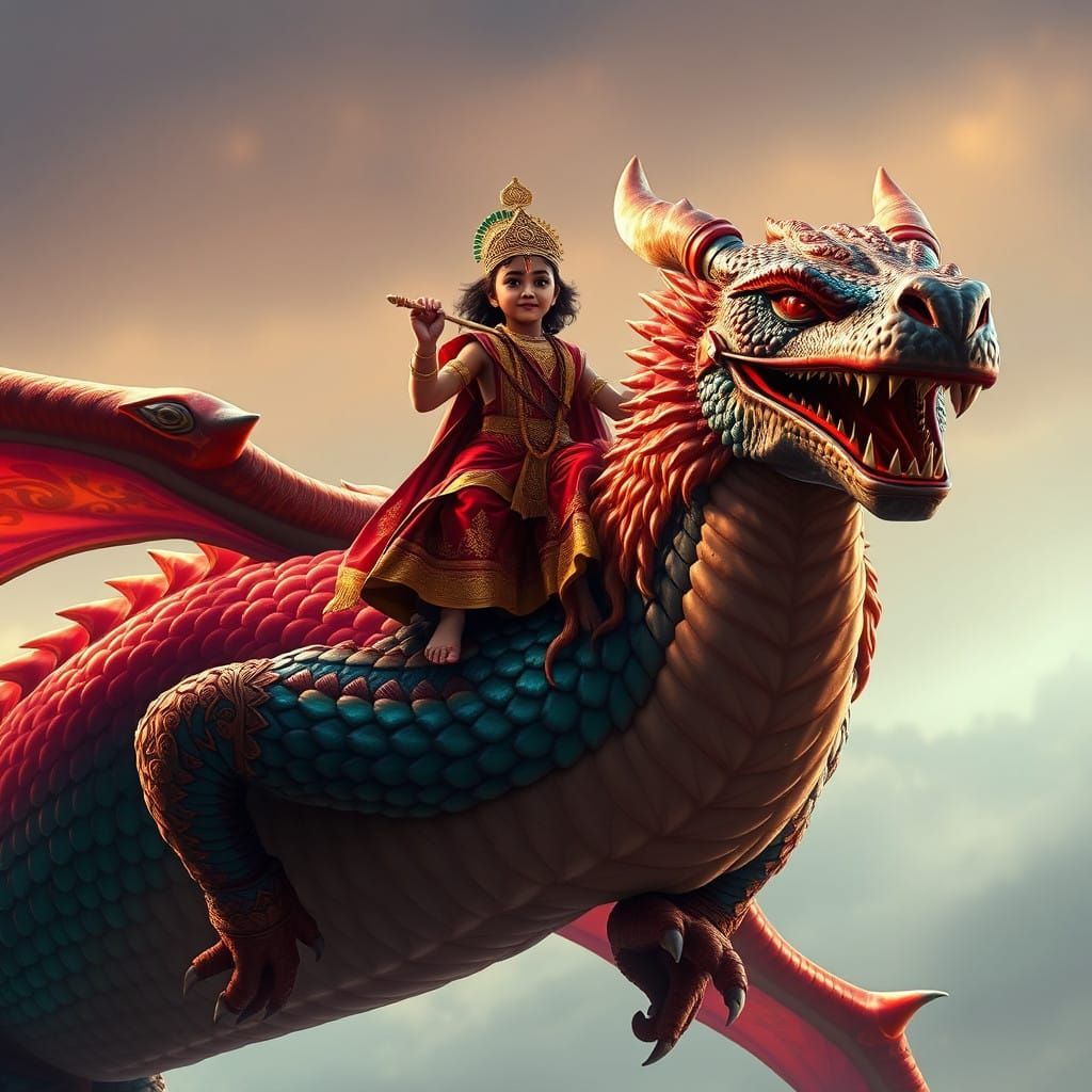 Little Lord Krishna Rides a Majestic Dragon in a Fantastical...