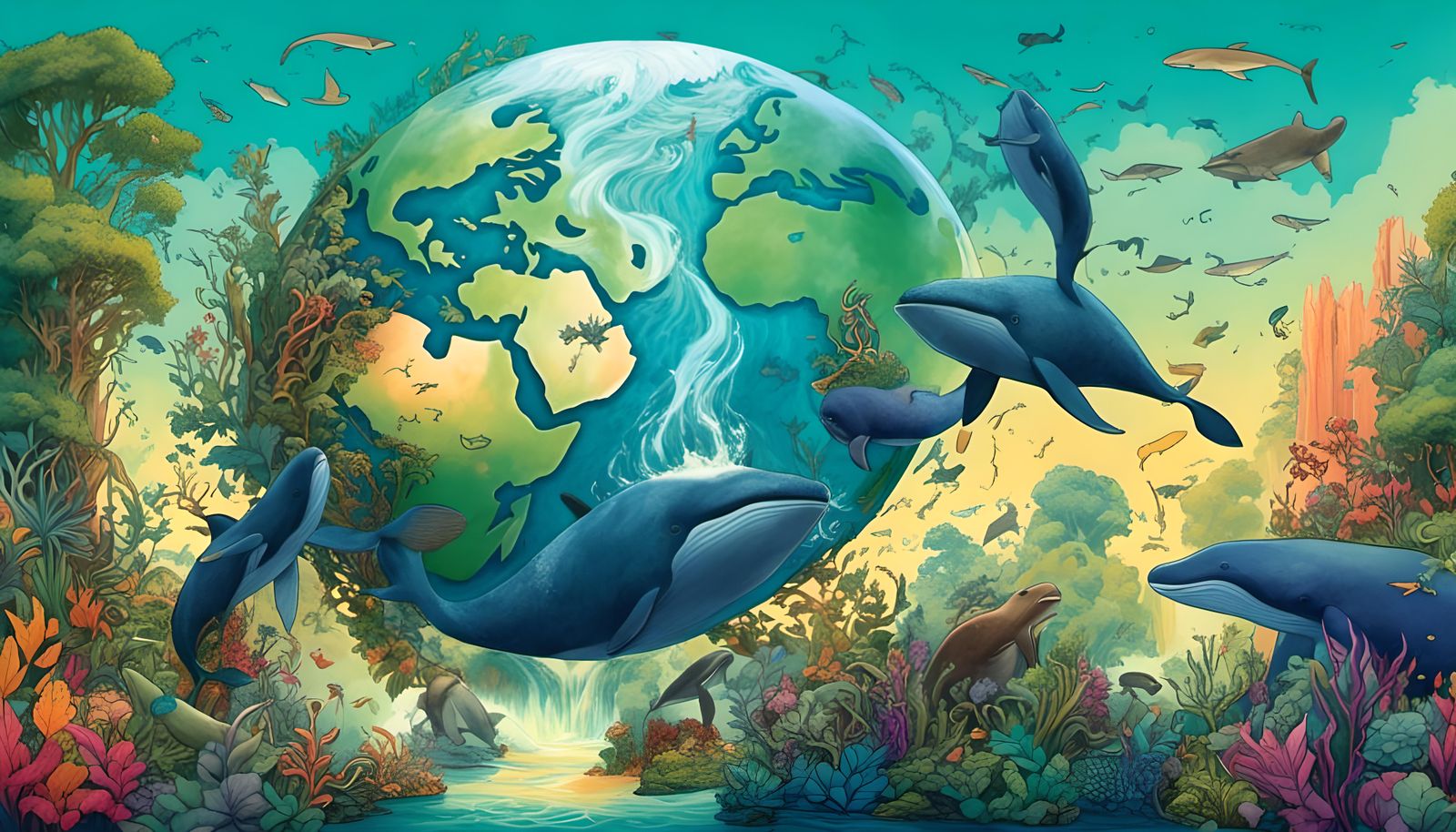 Ecological Biopunk Map of the World with Animals