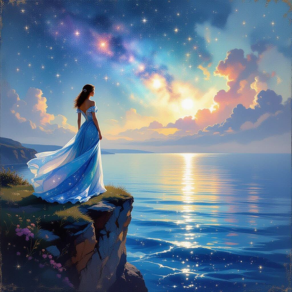Woman Overlooking Cosmic Ocean in Impressionist Style