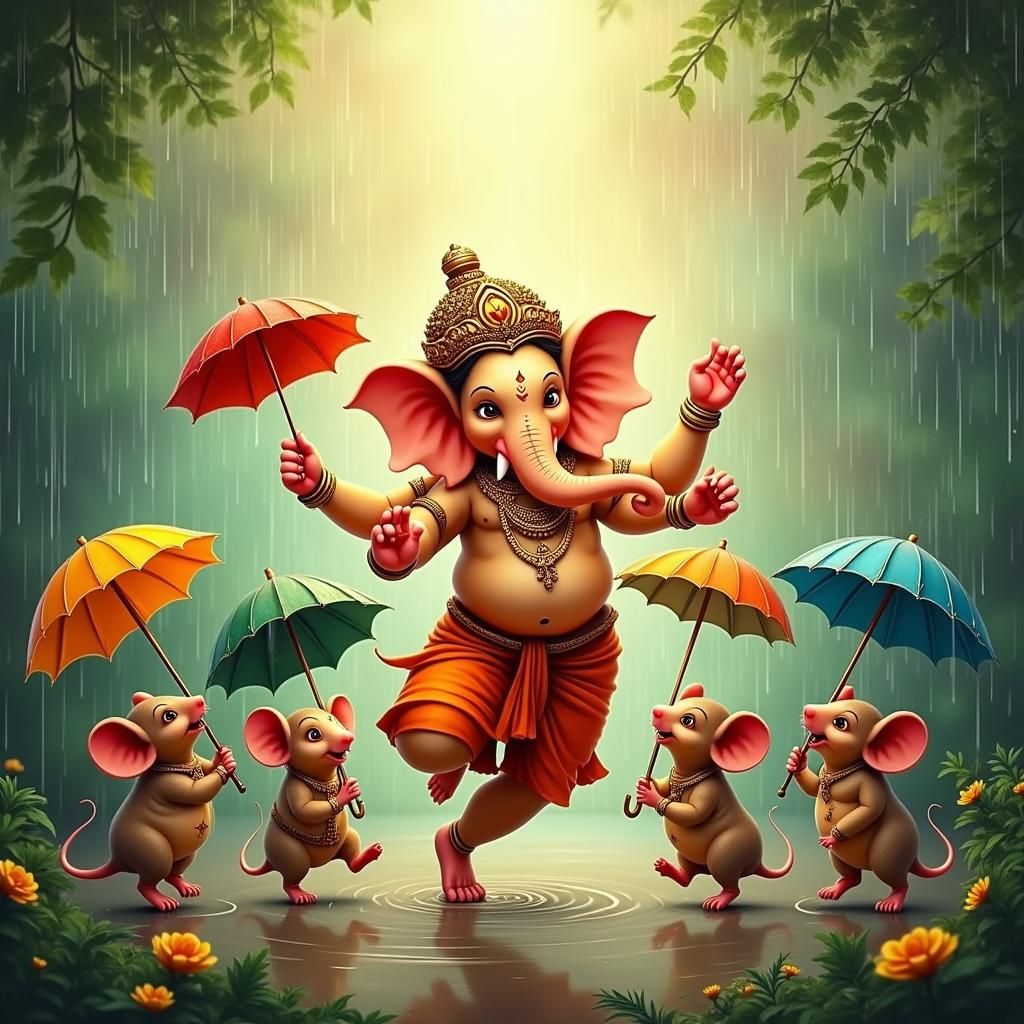 Ganesh's Monsoon Dance: A Whimsical Indian Folk Art