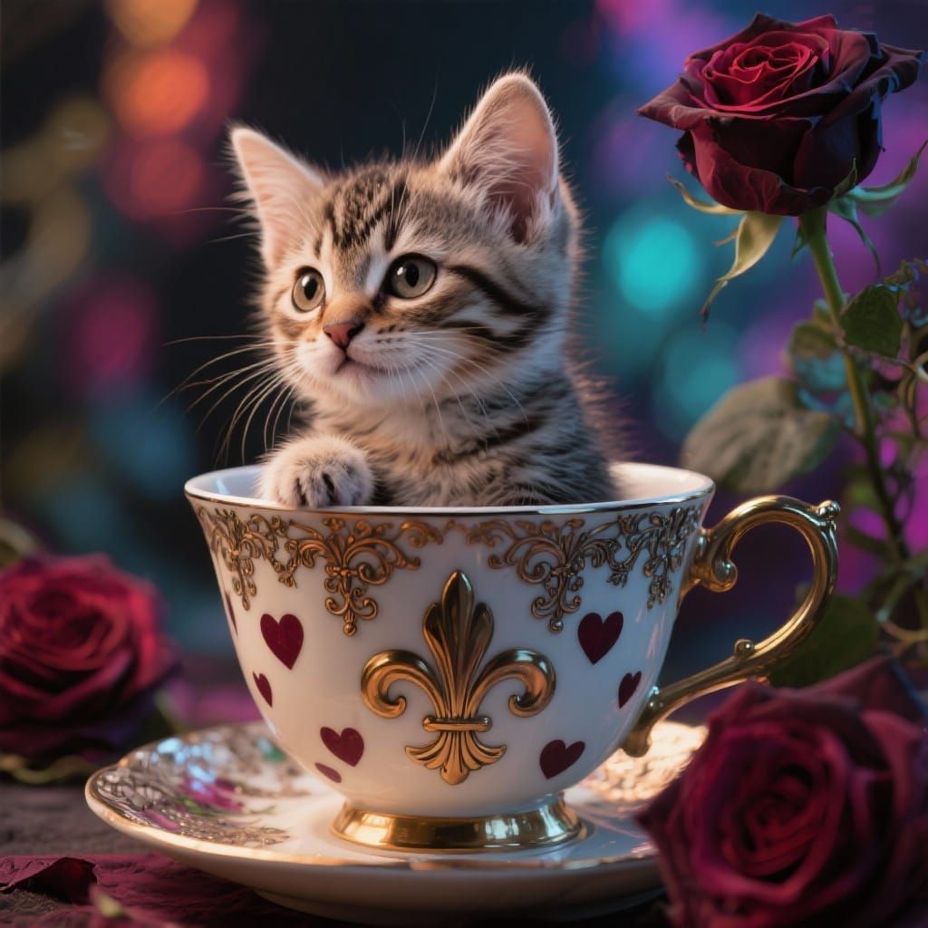 Cute Kitten in Ornate Teacup with Heart Spots