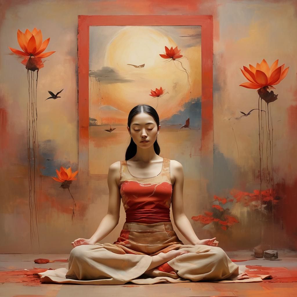 Meditative Figure at Sunset in Abstract Expressionism Style