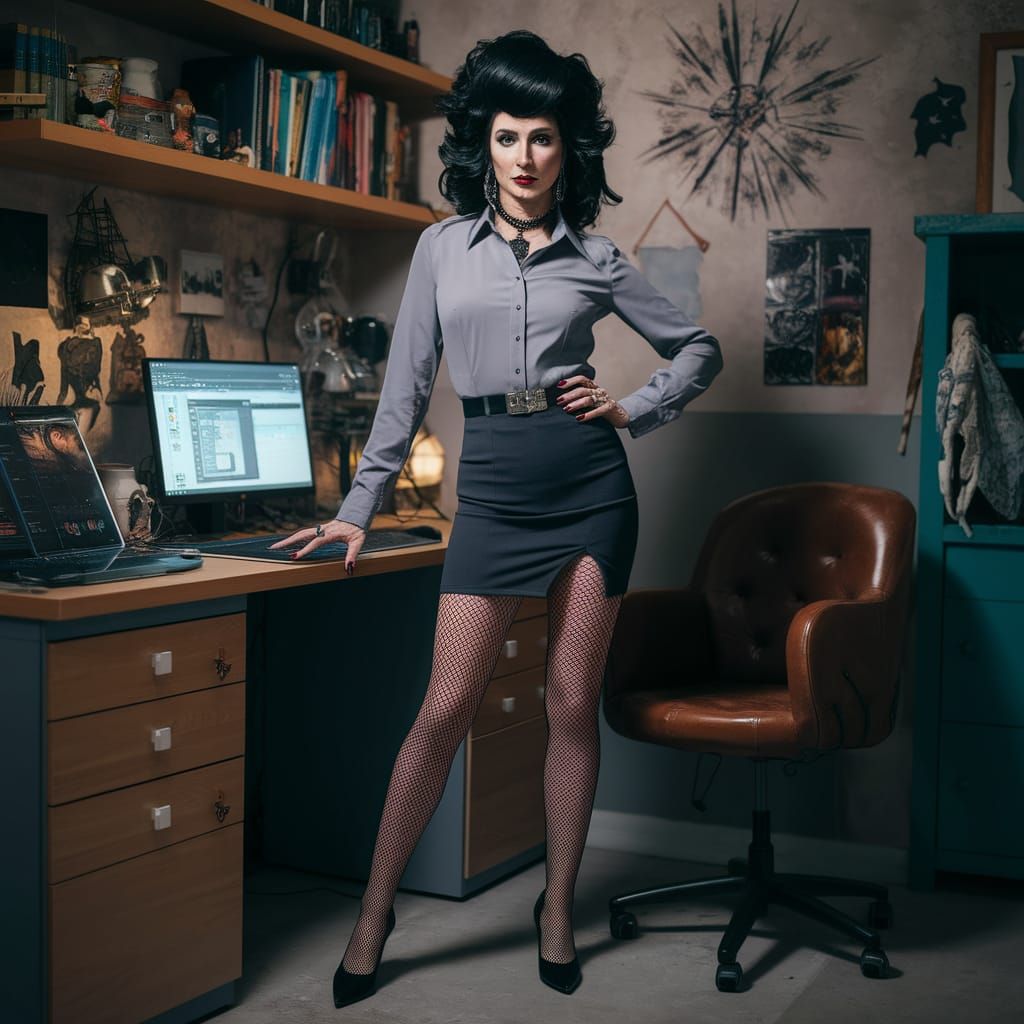 Androgynous Figure in Gothic Office Wear in Home Lab