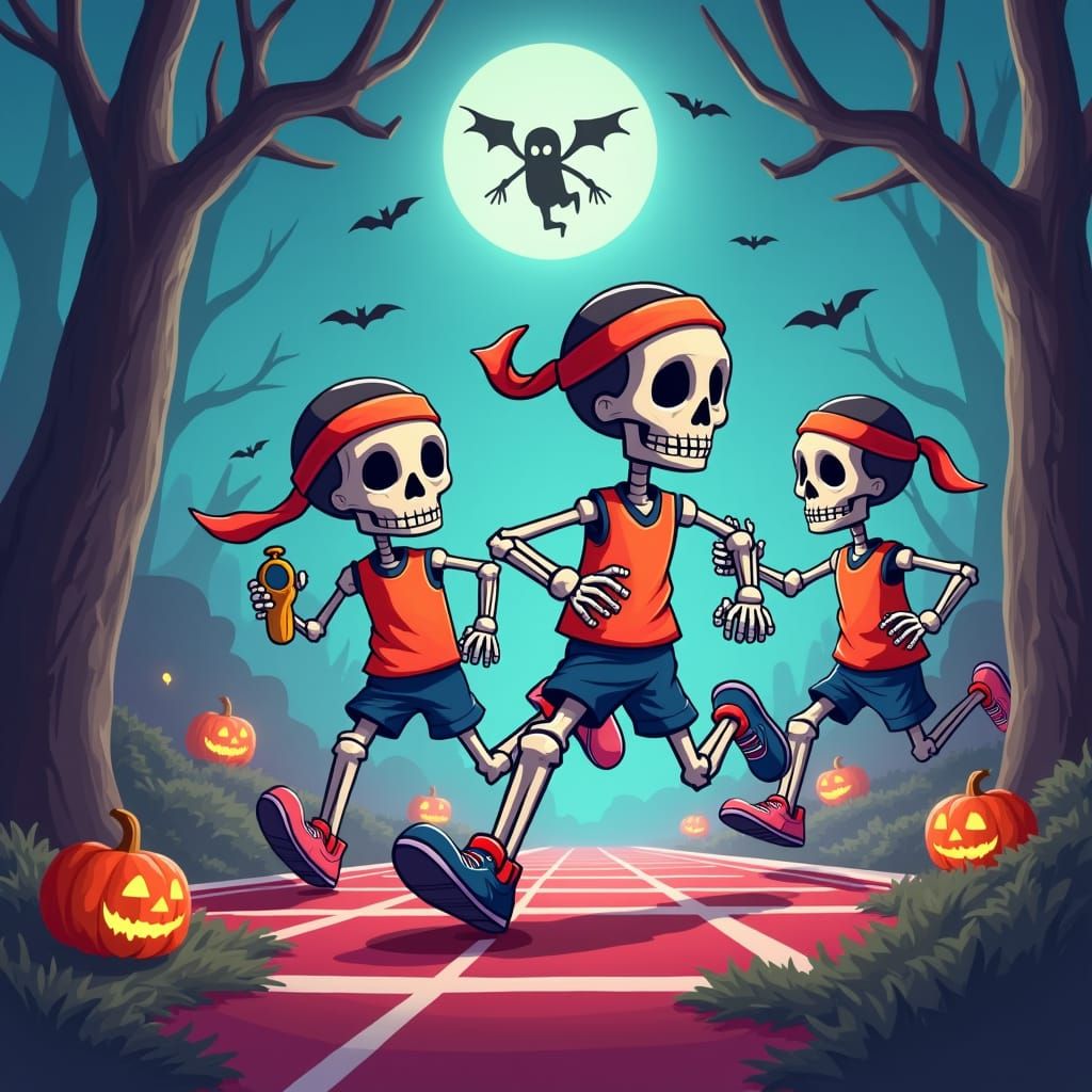 Cartoon Skeletons' Spooky Track Race in Fantasy Art Style