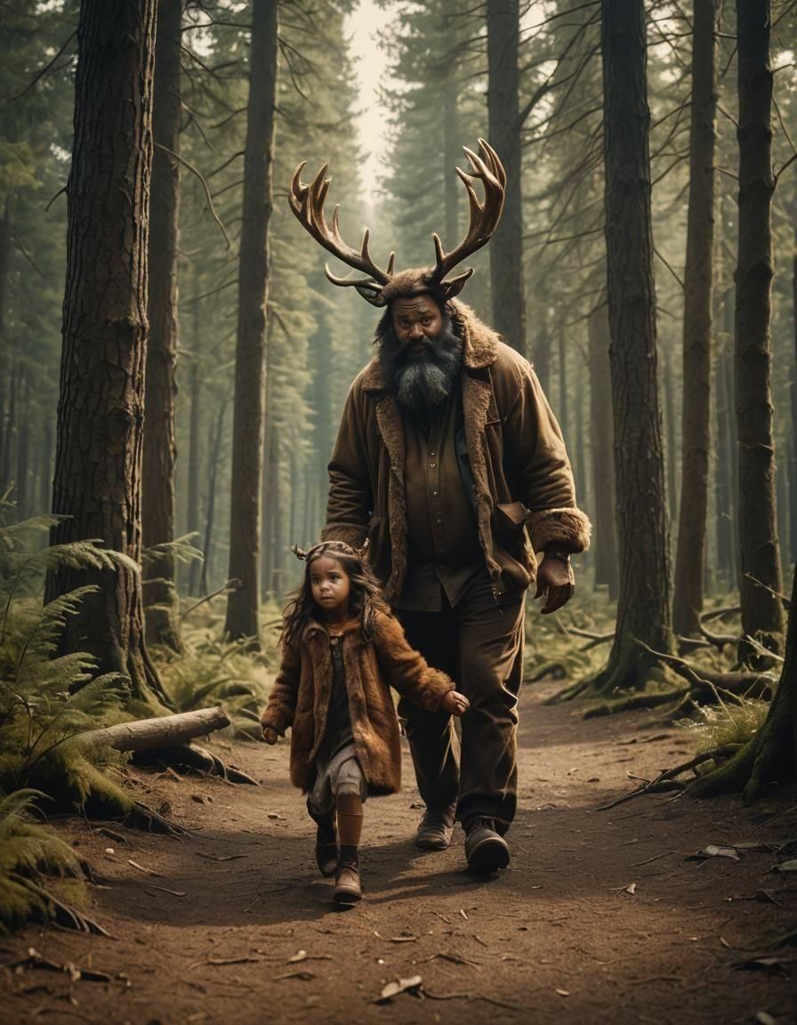 Antlered Man and Girl Running Through Forest