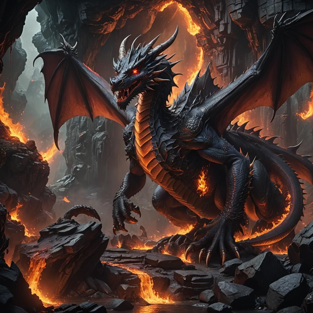 Gigantic Fire Dragon in Dark Cave, Fantasy Art