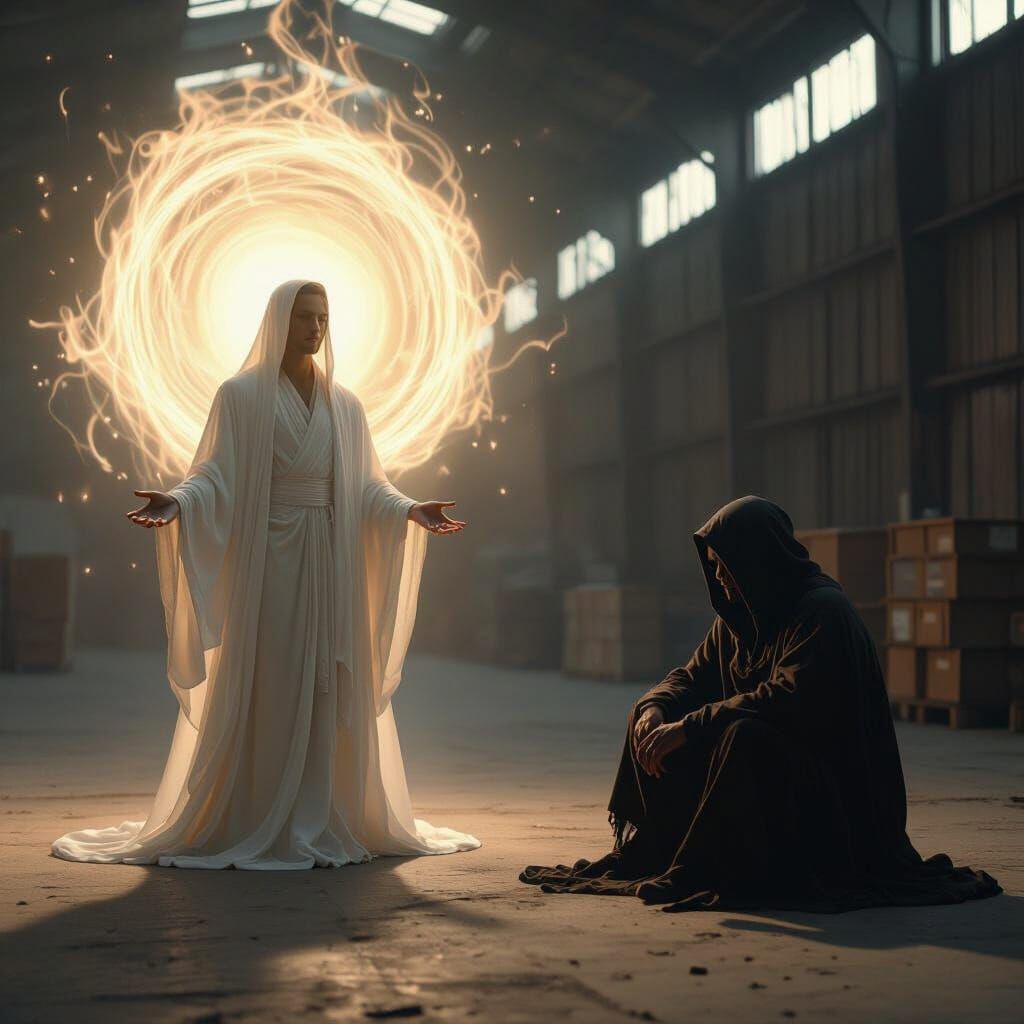 Serene Figure Amidst Swirling Energy in Warehouse