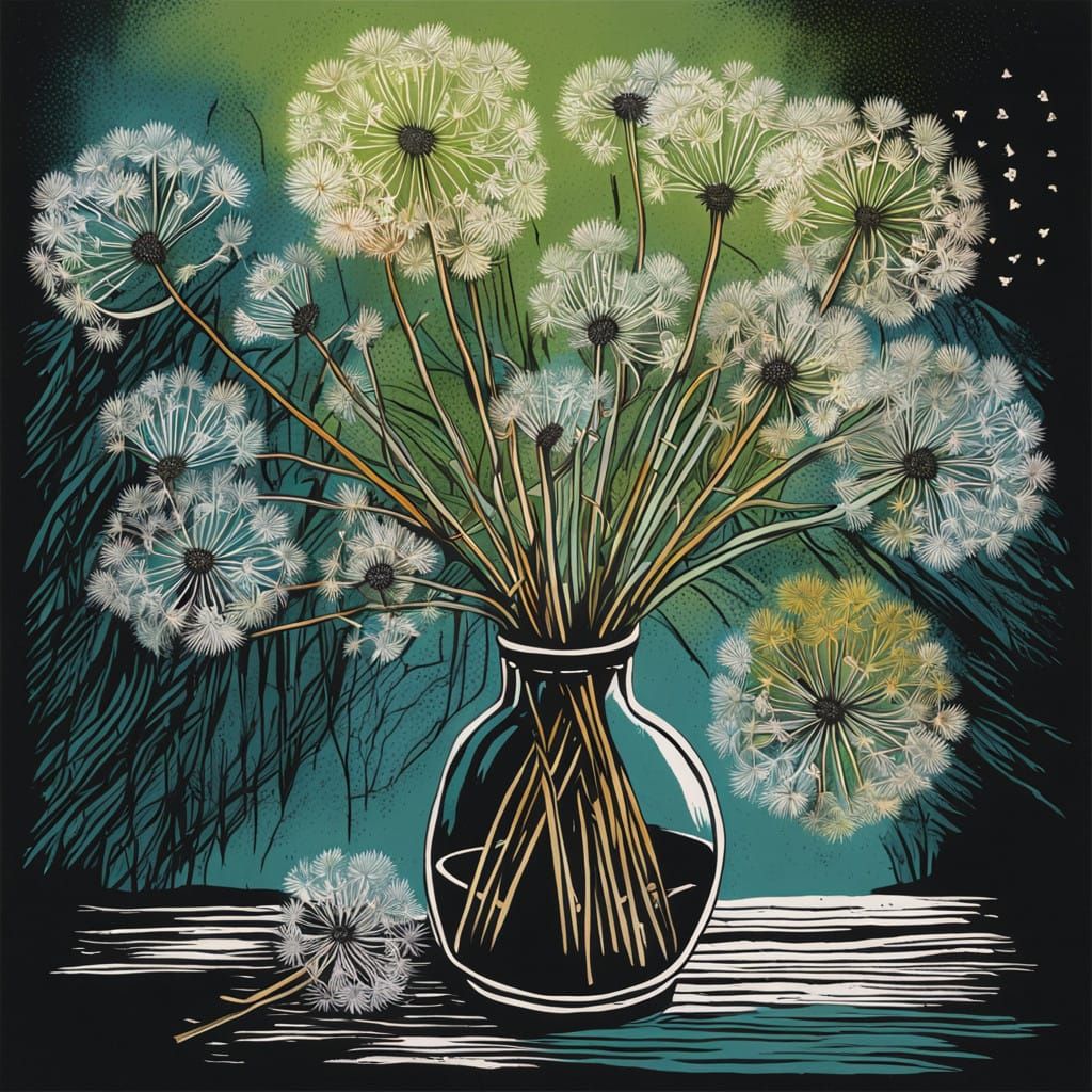 Hand-Colored Lino Print of Seeded Dandelion