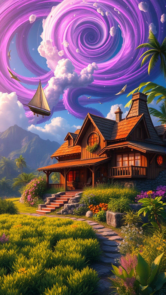 Enchanted Farmhouse with Steampunk Elements in Alien Landsca...