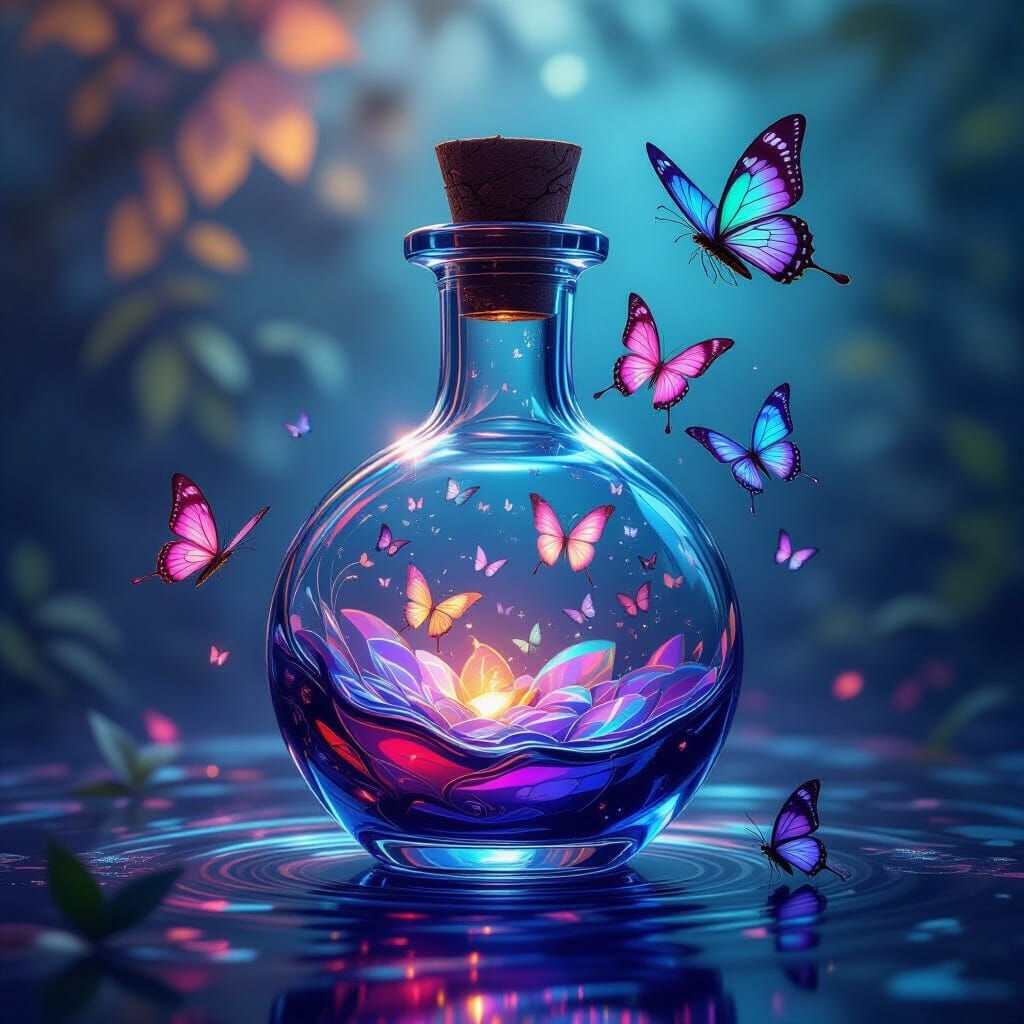 Ornate Potion Vial Spills Butterflies in Whimsical Matte Pai...