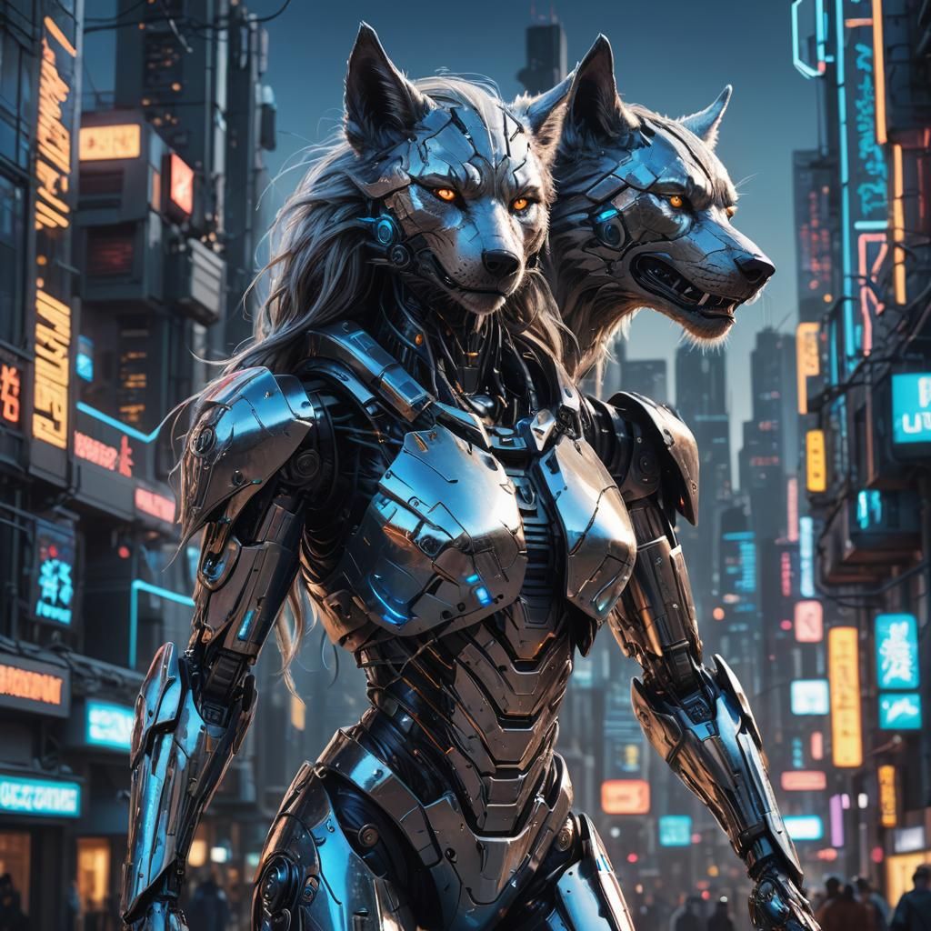 Robotic Werewolf in a Sci-Fi Cityscape