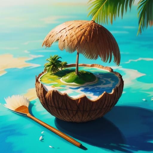 A miniature floating island 🏝️ inside a coconut 🥥 shell fl...