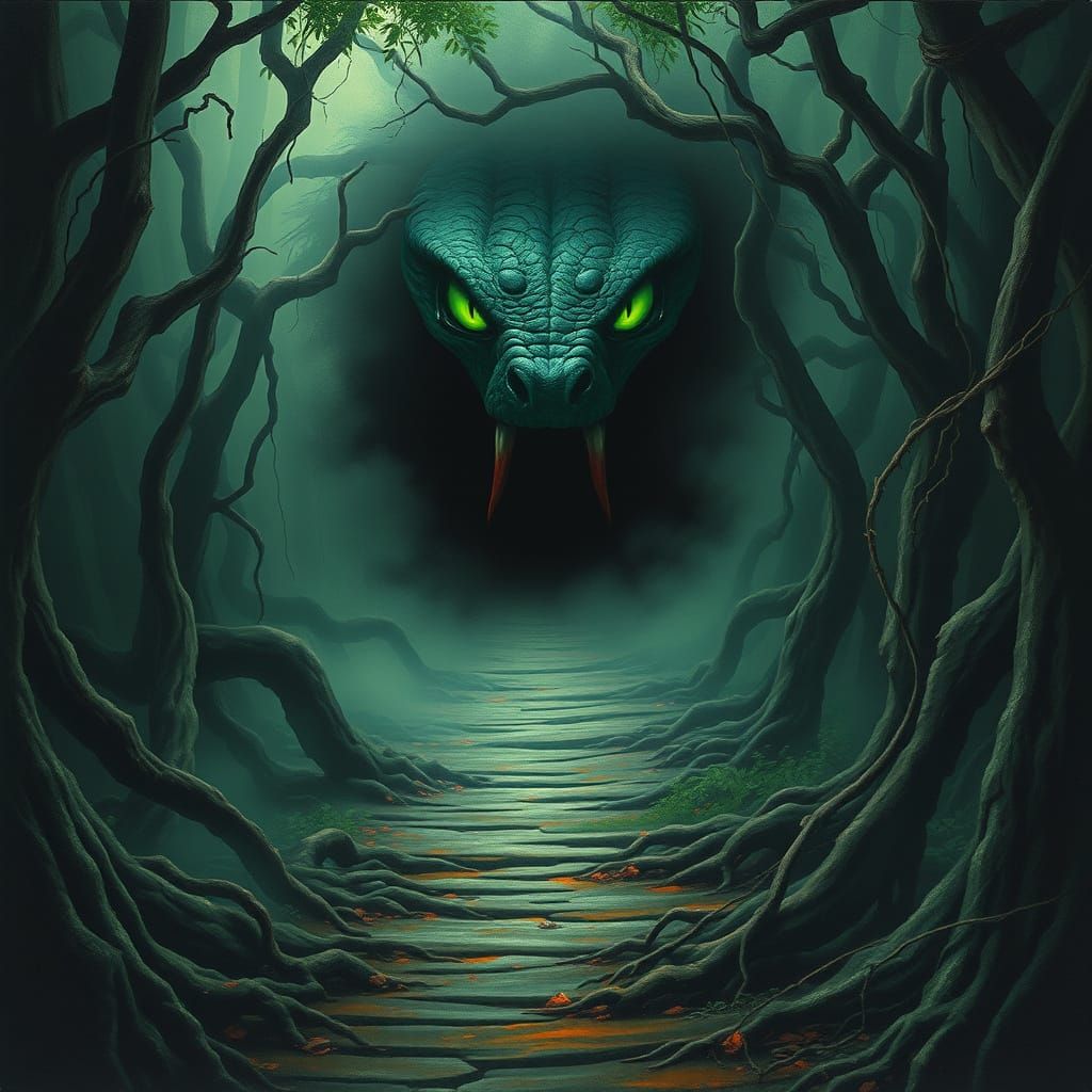 Dark Jungle Portal with Malevolent Green Snake Eyes