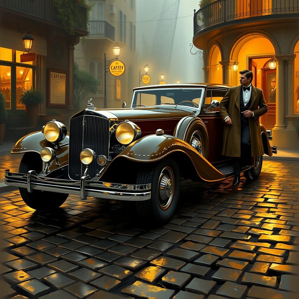 Sleek 1930s Packard Super Eight on Rainy Cobblestone Road, C...