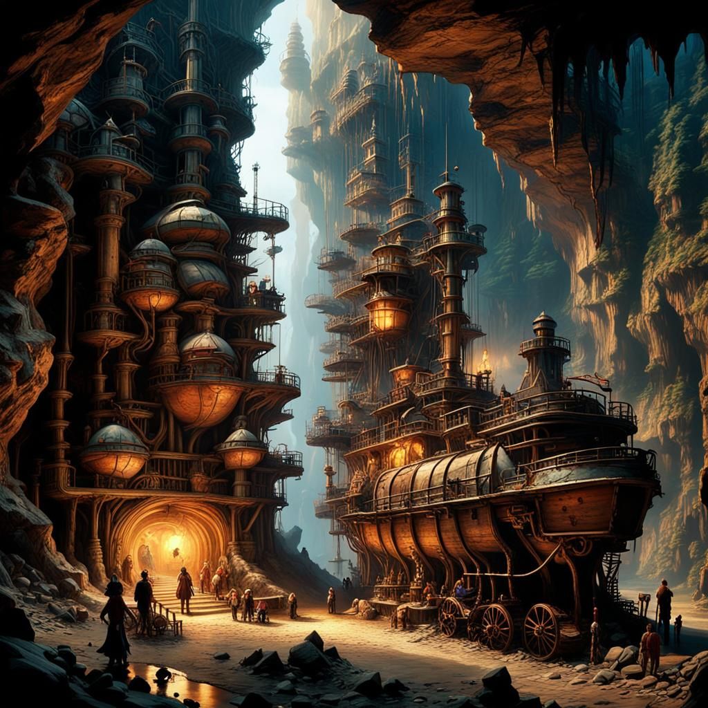 Prompts
"Cinematic Underground telephoto shot :: stunning cavern kingdom, with pirate ship meticulously detailed Cinemat...