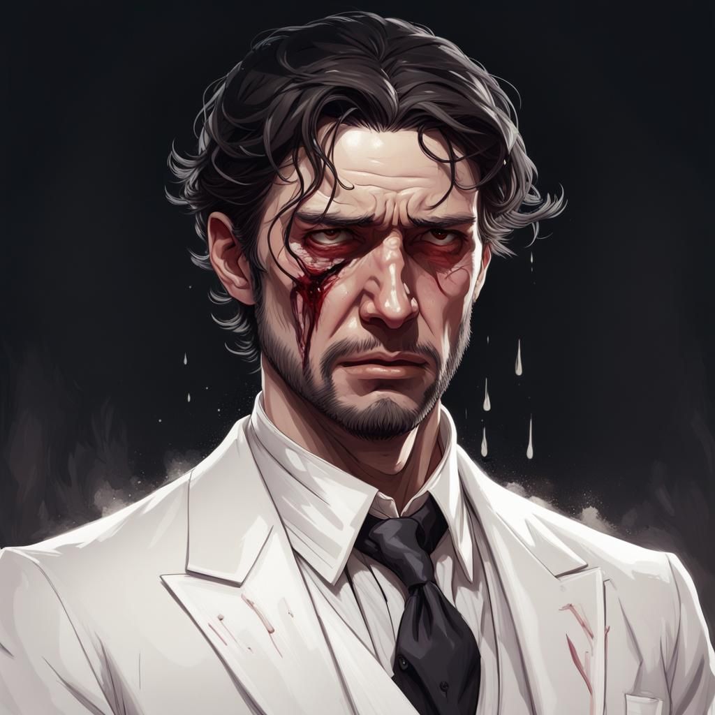 Distressed Man in White Suit: Hyperdetailed Portrait
