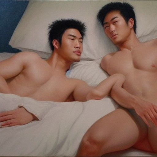 Realistic Oil Painting of Two Men in Bed