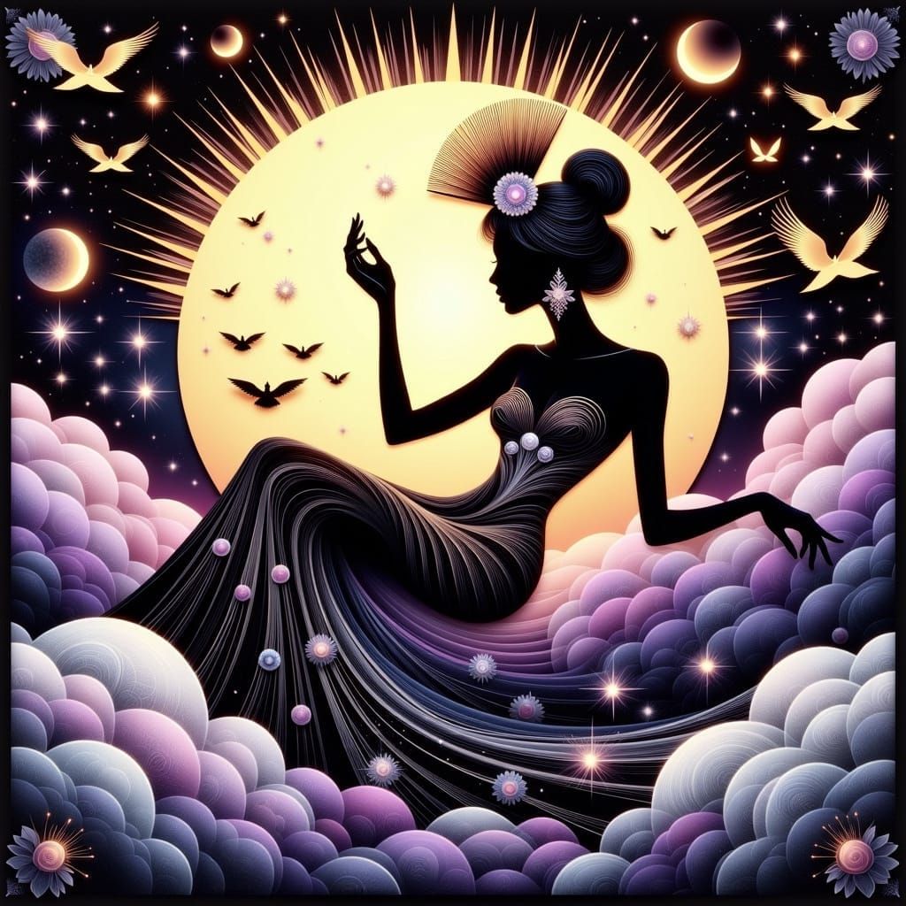 Elegant Art Deco Figure in Celestial Landscape