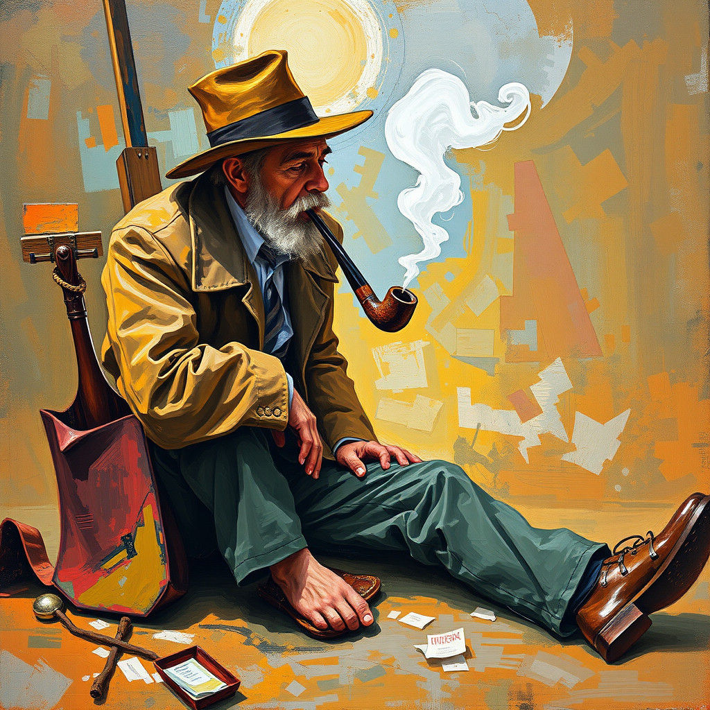 Abstract Expressionist Artist Smoking a Pipe